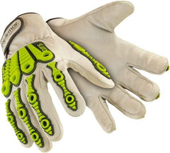 HexArmor - Size 2XL (11), ANSI Cut Level A8, Puncture Level 4, Abrasion Level 4, Goatskin Leather Cut & Puncture Resistant Gloves - 10" Long, Uncoated Leather, Hook & Loop Cuffs, White/High Visibility Yellow, Paired - Industrial Tool & Supply