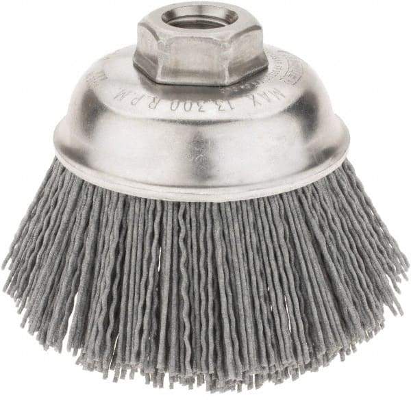 Weiler - 3-1/2" Diam, 5/8-11 Threaded Arbor Crimped Wire Nylon Cup Brush - Medium Grade, 0.035" Filament Diam, 12,000 Max RPM - Industrial Tool & Supply