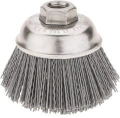 Weiler - 3-1/2" Diam, 5/8-11 Threaded Arbor Crimped Wire Nylon Cup Brush - Medium Grade, 0.035" Filament Diam, 12,000 Max RPM - Industrial Tool & Supply
