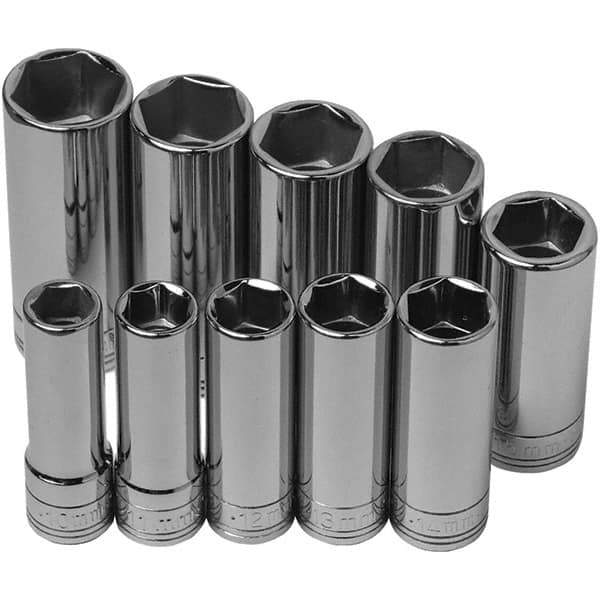SK - 3/8" Drive Deep Socket Set - 10 to 19mm, Metric Measurement Standard - Industrial Tool & Supply