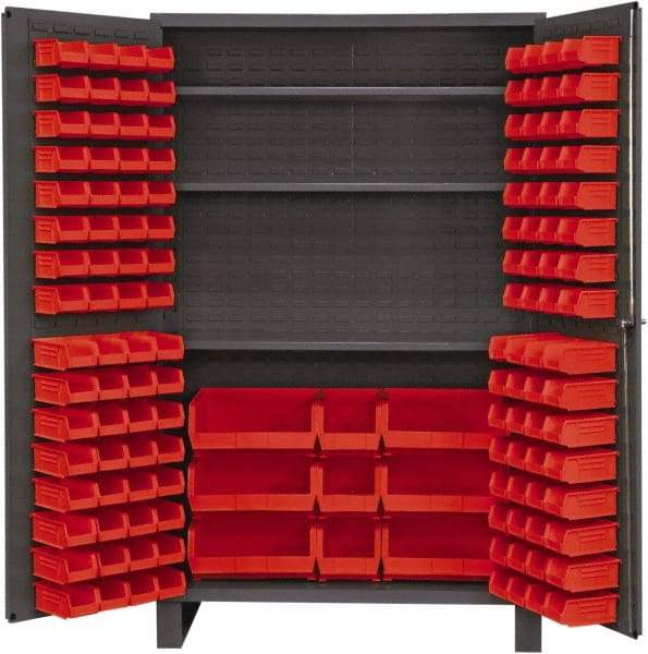 Durham - 3 Shelf 137 Bin Storage Cabinet - Steel, 48" Wide x 24" Deep x 78" High, Red - Industrial Tool & Supply