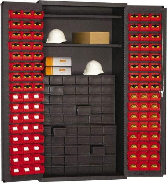 Durham - 2 Shelf 96 Bin Storage Cabinet - Steel, 36" Wide x 24" Deep x 72" High, Red - Industrial Tool & Supply