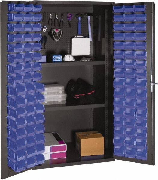 Durham - 2 Shelf 96 Bin Storage Cabinet - Steel, 36" Wide x 24" Deep x 72" High, Blue - Industrial Tool & Supply