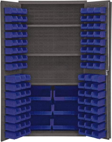 Durham - 3 Shelf 102 Bin Storage Cabinet - Steel, 36" Wide x 24" Deep x 72" High, Blue - Industrial Tool & Supply
