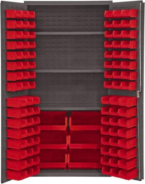 Durham - 3 Shelf 102 Bin Storage Cabinet - Steel, 36" Wide x 24" Deep x 72" High, Red - Industrial Tool & Supply