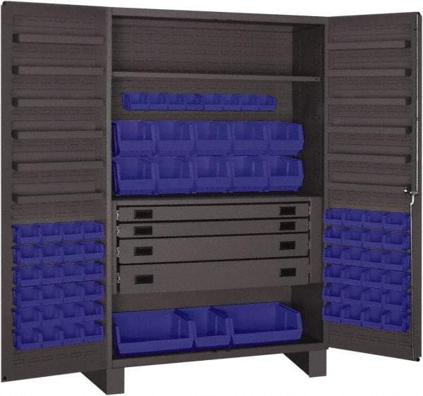 Durham - 2 Shelf 69 Bin Storage Cabinet - Steel, 48" Wide x 24" Deep x 78" High, Blue - Industrial Tool & Supply