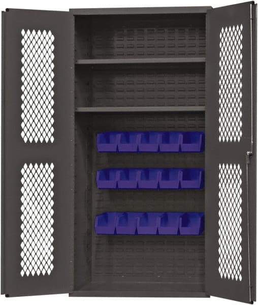 Durham - 2 Shelf 15 Bin Storage Cabinet - Steel, 36" Wide x 24" Deep x 72" High, Blue - Industrial Tool & Supply