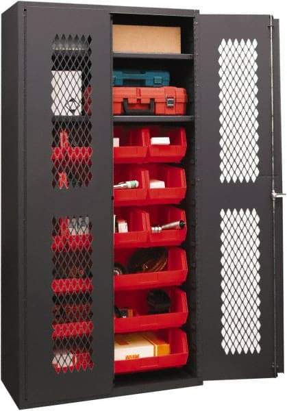 Durham - 2 Shelf 15 Bin Storage Cabinet - Steel, 36" Wide x 18" Deep x 72" High, Red - Industrial Tool & Supply