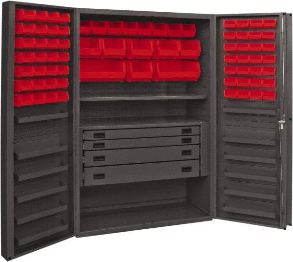 Durham - 2 Shelf 72 Bin Storage Cabinet - Steel, 48" Wide x 24" Deep x 72" High, Red - Industrial Tool & Supply