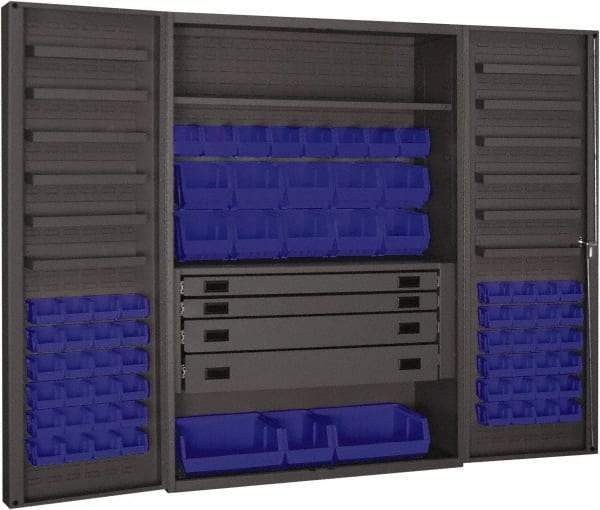 Durham - 2 Shelf 69 Bin Storage Cabinet - Steel, 48" Wide x 24" Deep x 72" High, Blue - Industrial Tool & Supply
