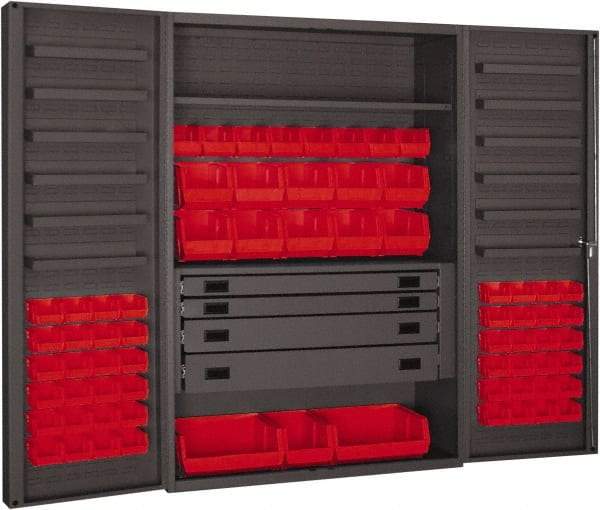Durham - 2 Shelf 69 Bin Storage Cabinet - Steel, 48" Wide x 24" Deep x 72" High, Red - Industrial Tool & Supply
