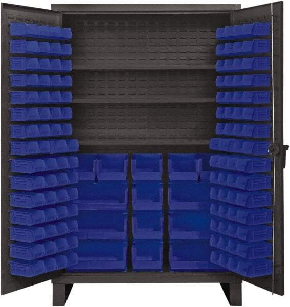 Durham - 3 Shelf 134 Bin Storage Cabinet - Steel, 48" Wide x 24" Deep x 78" High, Blue - Industrial Tool & Supply