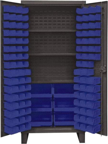 Durham - 3 Shelf 102 Bin Storage Cabinet - Steel, 36" Wide x 24" Deep x 78" High, Blue - Industrial Tool & Supply