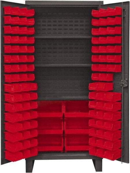 Durham - 3 Shelf 102 Bin Storage Cabinet - Steel, 36" Wide x 24" Deep x 78" High, Red - Industrial Tool & Supply