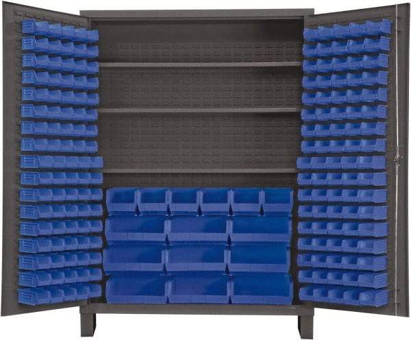 Durham - 3 Shelf 185 Bin Storage Cabinet - Steel, 60" Wide x 24" Deep x 84" High, Blue - Industrial Tool & Supply