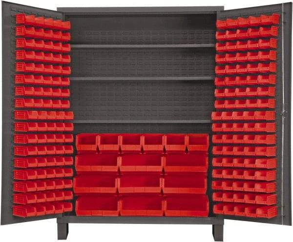 Durham - 3 Shelf 185 Bin Storage Cabinet - Steel, 60" Wide x 24" Deep x 84" High, Red - Industrial Tool & Supply