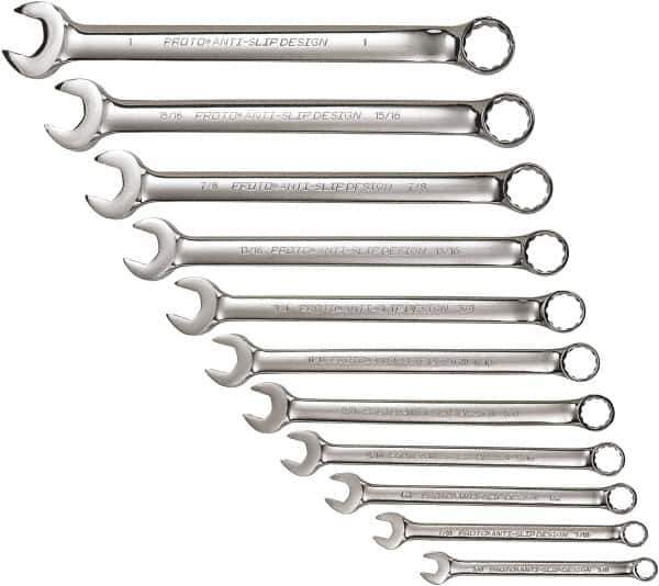 Proto - 11 Piece, 3/8" to 1", 12 Point Combination Wrench Set - Inch Measurement Standard, Full Polish Chrome Finish, Comes in Tool Roll - Industrial Tool & Supply
