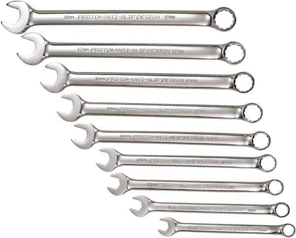 Proto - 9 Piece, 10mm to 18mm, 12 Point Combination Wrench Set - Metric Measurement Standard, Full Polish Chrome Finish, Comes in Tool Roll - Industrial Tool & Supply