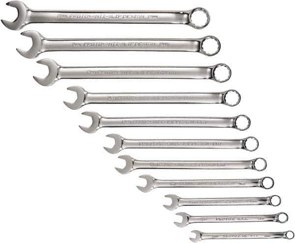 Proto - 11 Piece, 7mm to 19mm, 12 Point Combination Wrench Set - Metric Measurement Standard, Full Polish Chrome Finish, Comes in Tool Roll - Industrial Tool & Supply