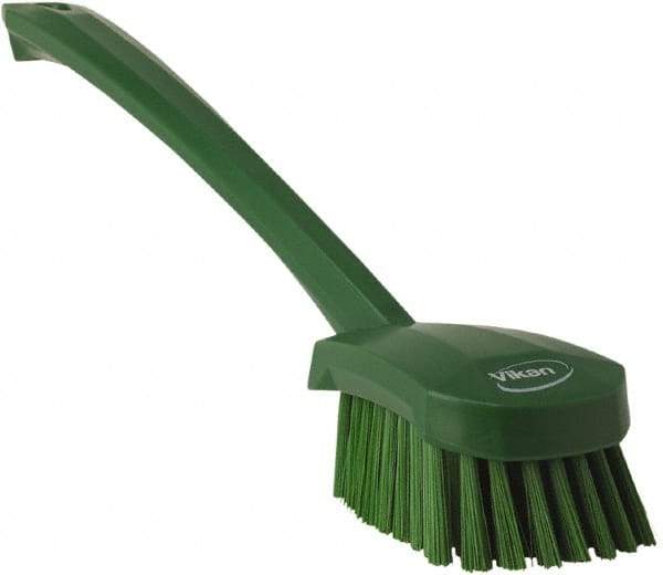 Vikan - 1.3" Bristle Length, Polyester Scrub Brush - 4" Long x 2-3/4" Wide Head, 15-3/4" OAL, Green, Polypropylene Block - Industrial Tool & Supply