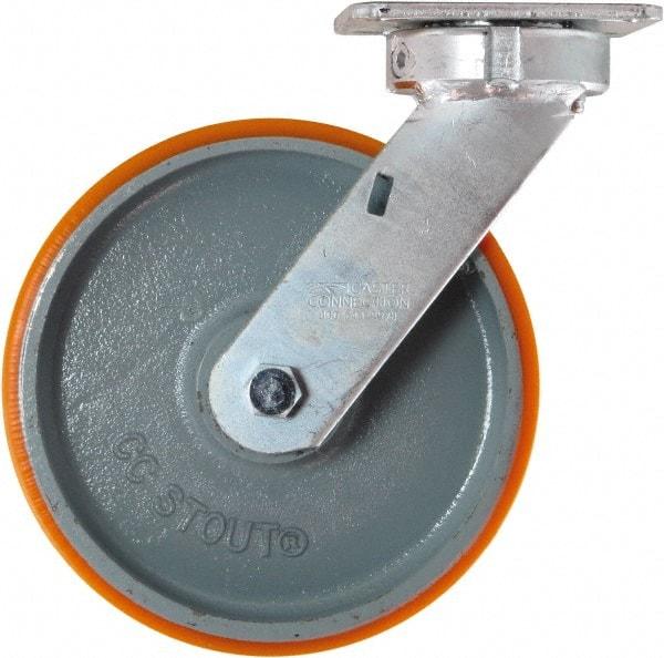 Caster Connection - 8" Diam x 2" Wide x 9-1/2" OAH Top Plate Mount Swivel Caster - Polyurethane on Iron, 1,500 Lb Capacity, Sealed Precision Ball Bearing, 4 x 4-1/2" Plate - Industrial Tool & Supply
