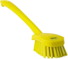 Vikan - 1.3" Bristle Length, Polyester Scrub Brush - 4" Long x 2-3/4" Wide Head, 15-3/4" OAL, Yellow, Polypropylene Block - Industrial Tool & Supply