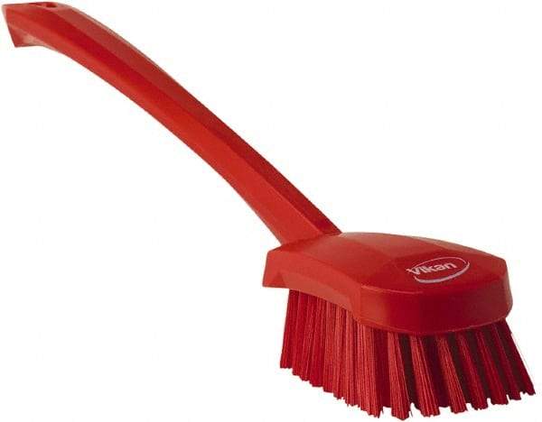 Vikan - 1.3" Bristle Length, Polyester Scrub Brush - 4" Long x 2-3/4" Wide Head, 15-3/4" OAL, Red, Polypropylene Block - Industrial Tool & Supply