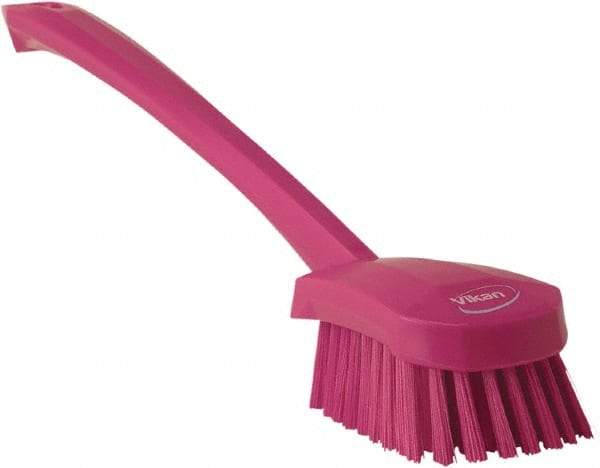 Vikan - 1.3" Bristle Length, Polyester Scrub Brush - 4" Long x 2-3/4" Wide Head, 15-3/4" OAL, Pink, Polypropylene Block - Industrial Tool & Supply