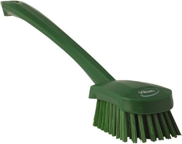 Vikan - 1.3" Bristle Length, Polyester Scrub Brush - 4" Long x 2-3/4" Wide Head, 15-3/4" OAL, Green, Polypropylene Block - Industrial Tool & Supply