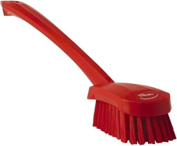 Vikan - 1.3" Bristle Length, Polyester Scrub Brush - 4" Long x 2-3/4" Wide Head, 15-3/4" OAL, Red, Polypropylene Block - Industrial Tool & Supply