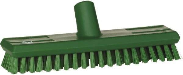 Vikan - 1" Bristle Length, Polyester Scrub Brush - 10-5/8" Long x 2-1/2" Wide Head, 11" OAL, European Threaded Handle, Green, Polypropylene Block - Industrial Tool & Supply