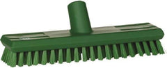Vikan - 1" Bristle Length, Polyester Scrub Brush - 10-5/8" Long x 2-1/2" Wide Head, 11" OAL, European Threaded Handle, Green, Polypropylene Block - Industrial Tool & Supply