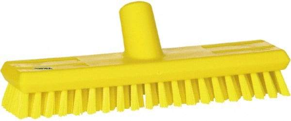 Vikan - 1" Bristle Length, Polyester Scrub Brush - 10-5/8" Long x 2-1/2" Wide Head, 11" OAL, European Threaded Handle, Yellow, Polypropylene Block - Industrial Tool & Supply