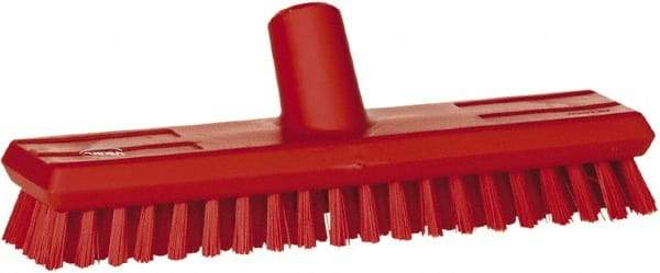 Vikan - 1" Bristle Length, Polyester Scrub Brush - 10-5/8" Long x 2-1/2" Wide Head, 11" OAL, European Threaded Handle, Red, Polypropylene Block - Industrial Tool & Supply