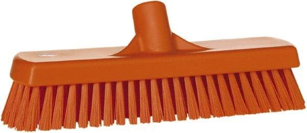 Vikan - 1.7" Bristle Length, Polyester Scrub Brush - 11-1/4" Long x 3" Wide Head, 12" OAL, European Threaded Handle, Orange, Polypropylene Block - Industrial Tool & Supply