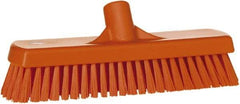 Vikan - 1.7" Bristle Length, Polyester Scrub Brush - 11-1/4" Long x 3" Wide Head, 12" OAL, European Threaded Handle, Orange, Polypropylene Block - Industrial Tool & Supply