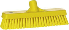 Vikan - 1.7" Bristle Length, Polyester Scrub Brush - 11-1/4" Long x 3" Wide Head, 12" OAL, European Threaded Handle, Yellow, Polypropylene Block - Industrial Tool & Supply