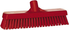 Vikan - 1.7" Bristle Length, Polyester Scrub Brush - 11-1/4" Long x 3" Wide Head, 12" OAL, European Threaded Handle, Red, Polypropylene Block - Industrial Tool & Supply