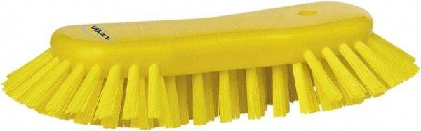 Vikan - 1.3" Bristle Length, Polyester Utility Scrub Brush - 7-3/4" Long x 3" Wide Head, 8" OAL, European Threaded Handle, Yellow, Polypropylene Block - Industrial Tool & Supply