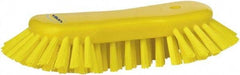 Vikan - 1.3" Bristle Length, Polyester Utility Scrub Brush - 7-3/4" Long x 3" Wide Head, 8" OAL, European Threaded Handle, Yellow, Polypropylene Block - Industrial Tool & Supply