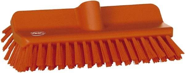 Vikan - 1-1/2" Bristle Length, Polyester Cleaning & Finishing Brush - 9-5/8" Long x 5" Wide Head, 10" OAL, European Threaded Handle, Orange, Polypropylene Block - Industrial Tool & Supply