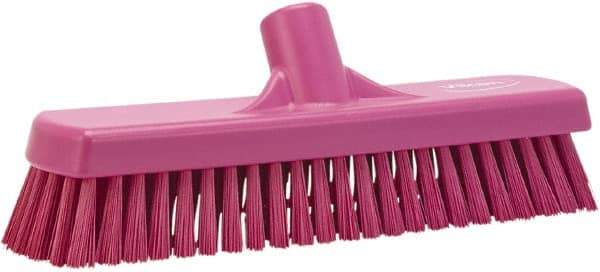 Vikan - 1.7" Bristle Length, Polyester Scrub Brush - 11-1/4" Long x 3" Wide Head, 12" OAL, European Threaded Handle, Pink, Polypropylene Block - Industrial Tool & Supply