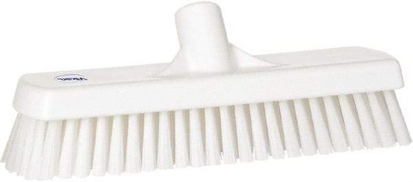 Vikan - 1.7" Bristle Length, Polyester Scrub Brush - 11-1/4" Long x 3" Wide Head, 12" OAL, European Threaded Handle, White, Polypropylene Block - Industrial Tool & Supply