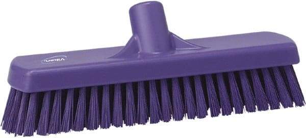Vikan - 1.7" Bristle Length, Polyester Scrub Brush - 11-1/4" Long x 3" Wide Head, 12" OAL, European Threaded Handle, Purple, Polypropylene Block - Industrial Tool & Supply