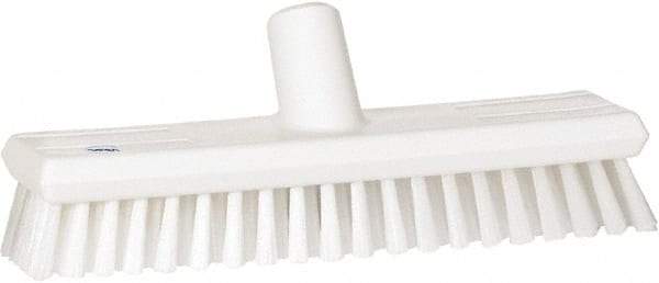 Vikan - 1.3" Bristle Length, Polyester Scrub Brush - 10-3/4" Long x 2-1/2" Wide Head, 11" OAL, European Threaded Handle, White, Polypropylene Block - Industrial Tool & Supply