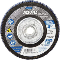 Norton - 60 Grit, 4-1/2" Disc Diam, 5/8-11 Center Hole, Type 29 Zirconia Alumina Flap Disc - 13,300 Max RPM, Fiberglass Backing, Arbor Attaching System, Coated - Industrial Tool & Supply
