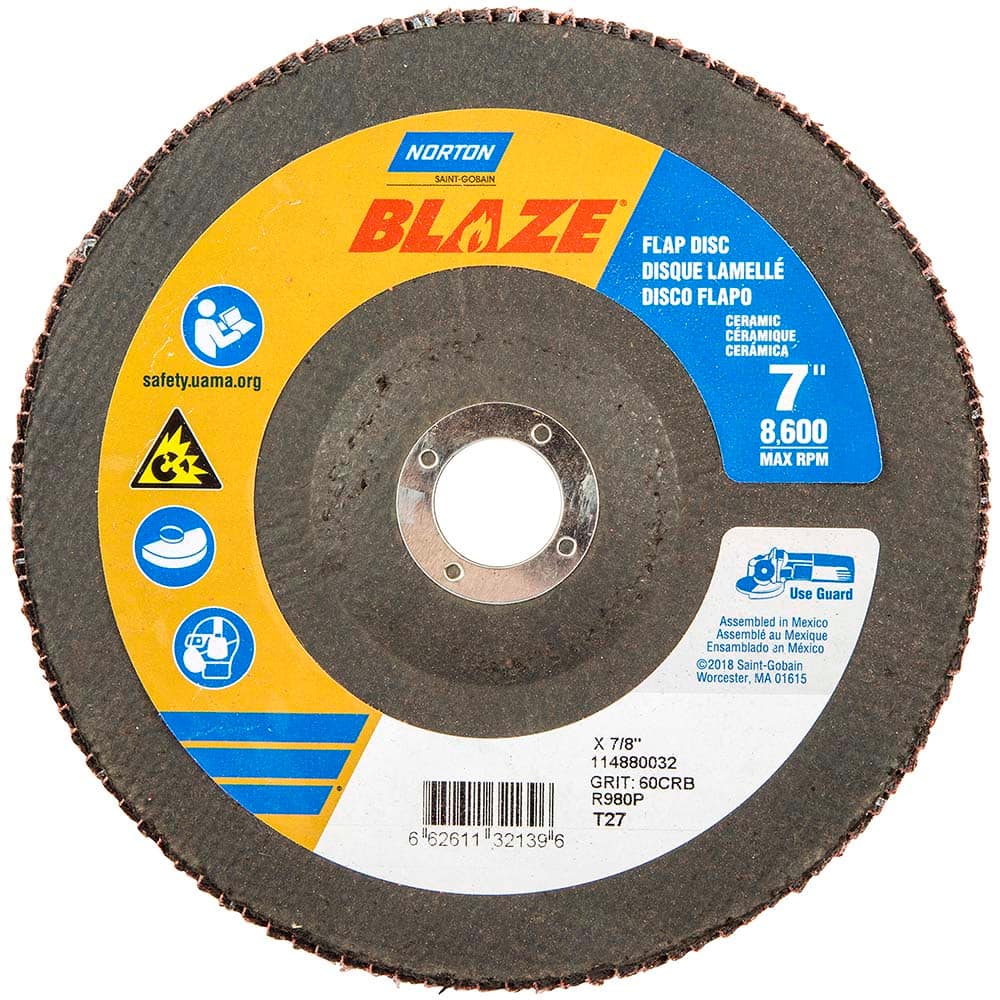Norton - 7" 60 Grit 7/8" Center Hole Type 27 Ceramic Alumina Flap Disc - Industrial Tool & Supply