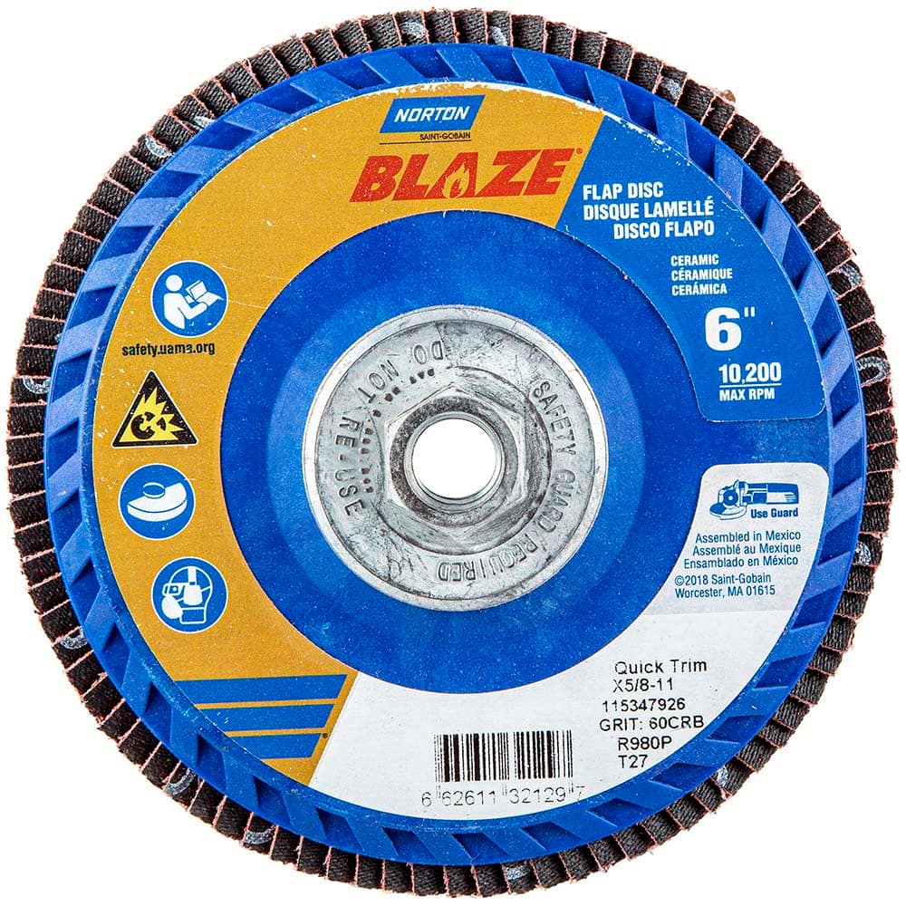 Norton - 6" 60 Grit 5/8-11 Center Hole Type 27 Ceramic Alumina Flap Disc - Industrial Tool & Supply