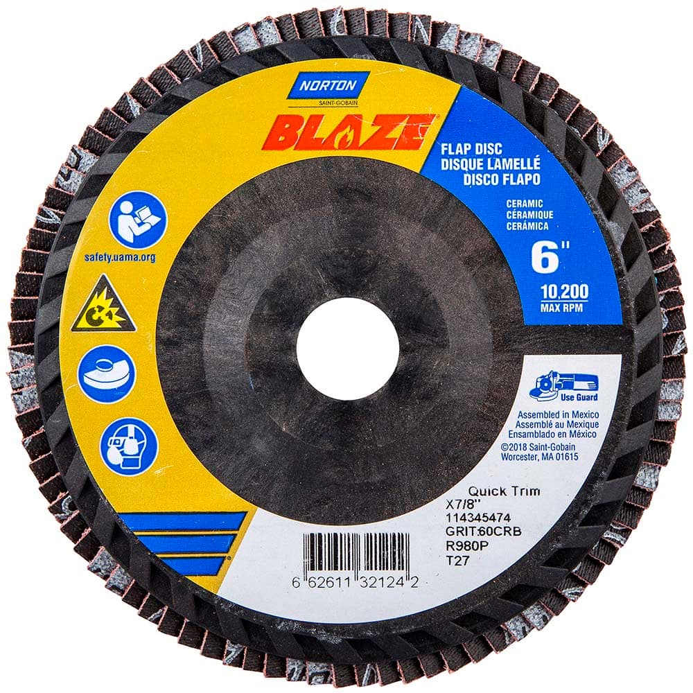 Norton - 6" 60 Grit 7/8" Center Hole Type 27 Ceramic Alumina Flap Disc - Industrial Tool & Supply