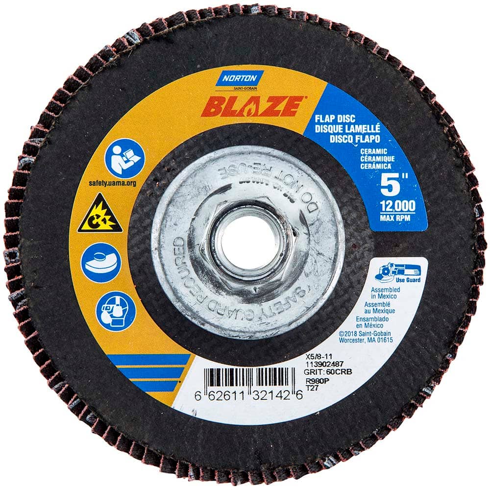 Norton - 5" 60 Grit 5/8-11 Center Hole Type 27 Ceramic Alumina Flap Disc - Industrial Tool & Supply